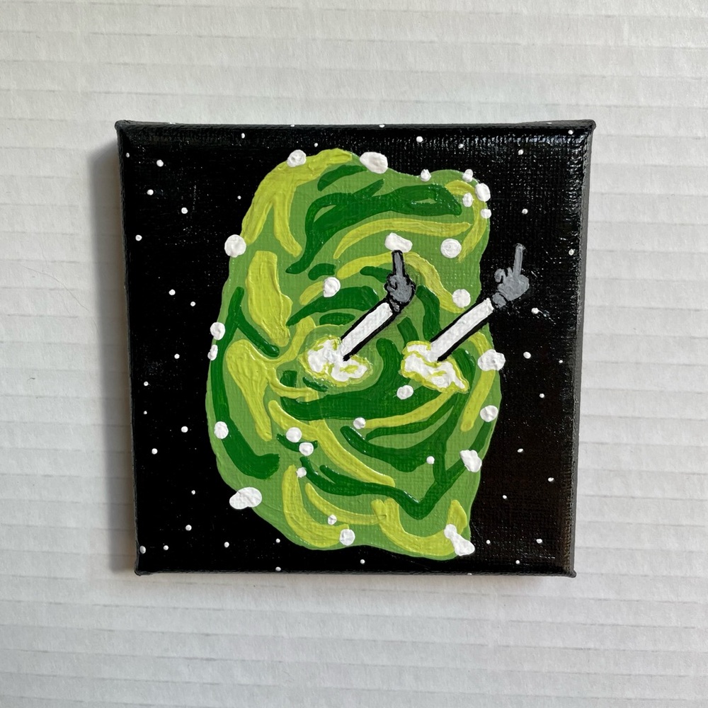 Rick and Morty Handmade Acrylic Painting on 4”x4” Canvas “Peace Among‎ Worlds”